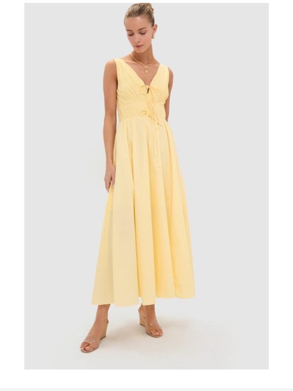 Moon River Pale Yellow V-Neck Tie-Front Maxi Dress
